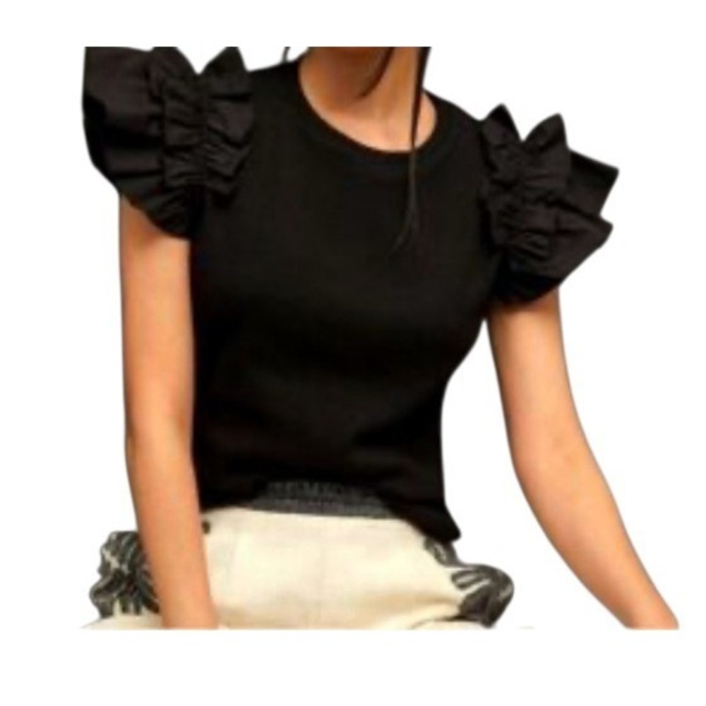Anthropologie Womens Black Ruffle Sleeve Cotton Knit Top Romantic Feminine XL
